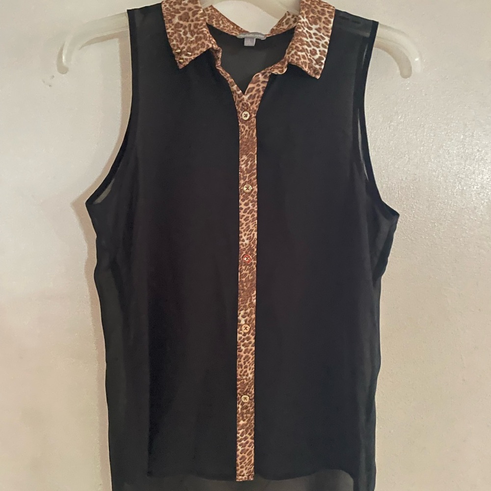 Leopard Trim Black Sleeveless Top